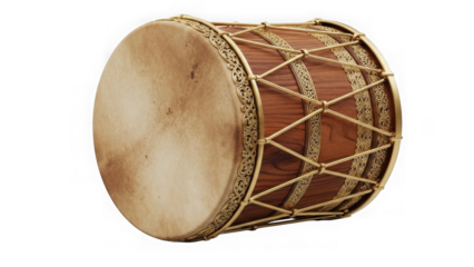 Traditional Ornate Wooden Drum With Golden Lacing On Black