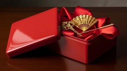 A luxurious gold hair comb and fan in a red gift box