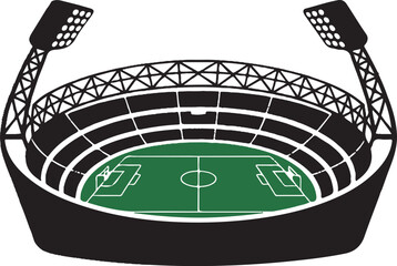 Modern Soccer Stadium with Floodlights and Green Field, Vector Illustration