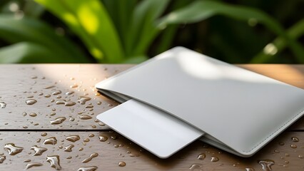 A silver laptop and card on a wet wooden table in nature