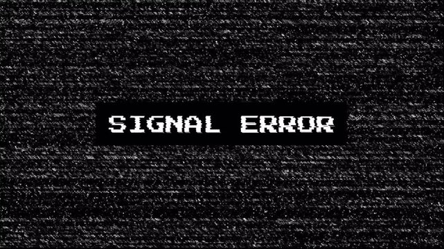 Signal error with digital signal distortion noise animation for overlay. TV static glitch noise animation with signal error text for media and broadcast. 4K Video