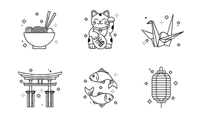 Black and white icons of Japanese cultural elements on white background Keywords: Japan, icon, illustration, line art, minimalist, black and white, food, ramen, bowl, chopsticks, fortune cat