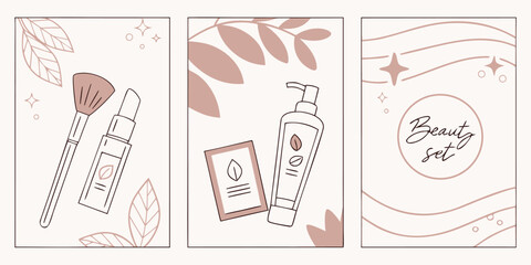Three minimalist illustrations showcase cosmetic items including a makeup brush, serum bottles, and a lotion dispenser surrounded by organic leaf shapes.