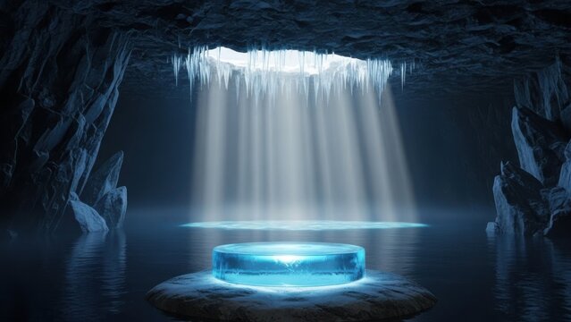 Glowing blue ice block on rocky platform in dark mysterious cave with icicles