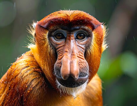 Close-up of a proboscis monkey with rain on its fur, gazing directly at camera with blurred jungle background