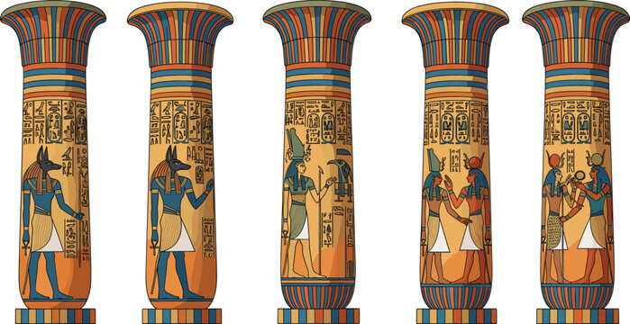 Ancient Egyptian columns illustration set with pharaoh gods hieroglyphs temple art historical vector design