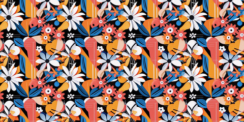 Obraz premium Expressive abstract seamless floral collage, varied bold colors, dynamic floral forms, perfect for textiles, creative branding, and unique greeting cards
