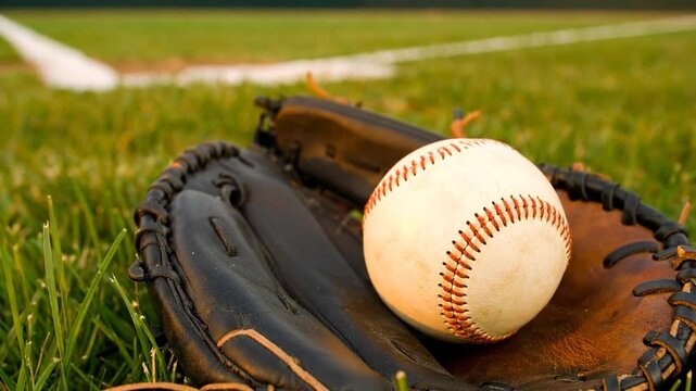 A close-up showcases a baseball and glove resting on grass with a white foul line visible