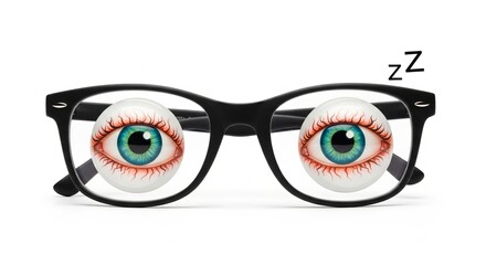 A pair of glasses with cartoon eyes looking straight ahead, conveying sleepiness, on a plain white background