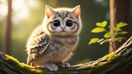 Fototapeta premium A cute, fluffy owl perched on a branch in a forest, with a sunlit background.