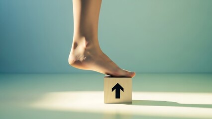 Barefoot on upward arrow block for growth motivation