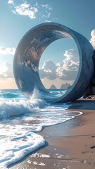 Concrete circle art on a beach, waves crashing, blue sky. Coastline, ocean view, rocks