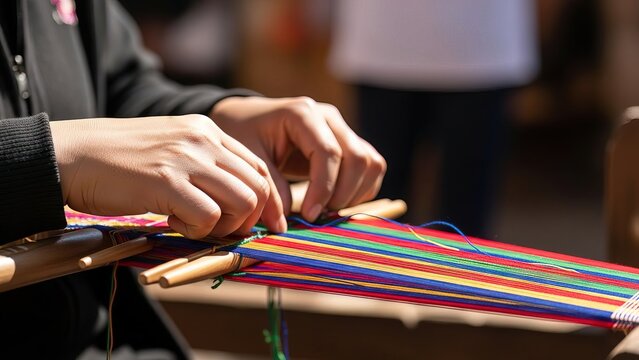 Hands weaving colorful threads on wooden loom craft - Powered by Adobe