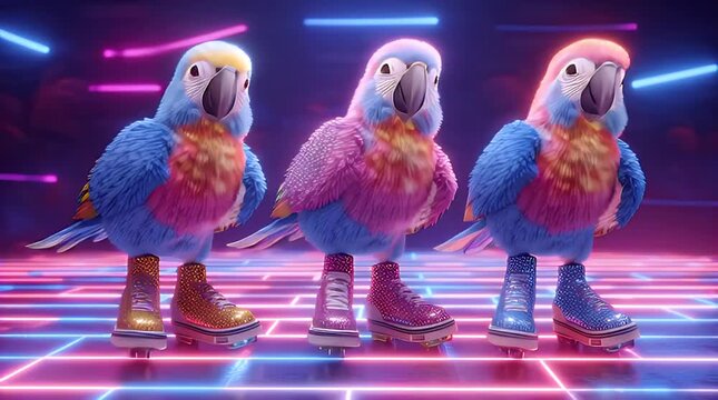 Three colorful parrots roller skating on a neon-lit floor