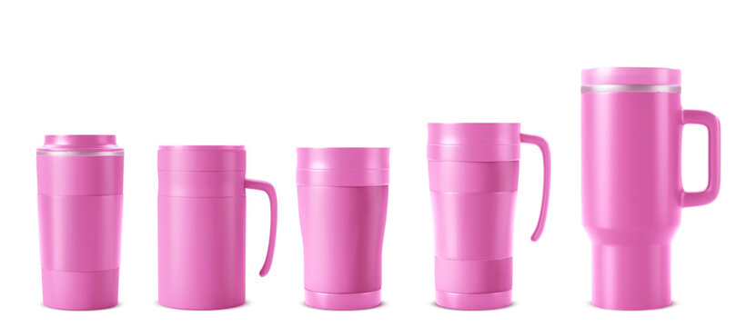 Pink tumbler set with realistic travel mug mockup. Thermal insulated cup set with handle and lid for coffee or water. Stainless steel thermos bottles with reusable flask designs for corporate branding