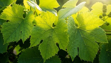 Obraz premium Green grapevine leaves in sunlight.