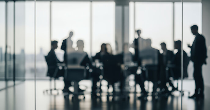 Business professionals appear as blurred silhouettes behind a glass wall during a formal meeting, expressing focus, strategy, and collaboration inside a bright modern office environment. - Powered by Adobe