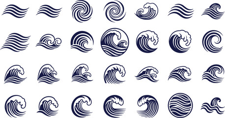 Collection of stylized ocean wave icons, swirling water designs, decorative sea wave symbols for nautical themes, surf graphics, and maritime artwork © Faruk Here