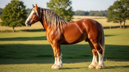 Fototapeta premium Majestic brown horse standing alone outdoors.