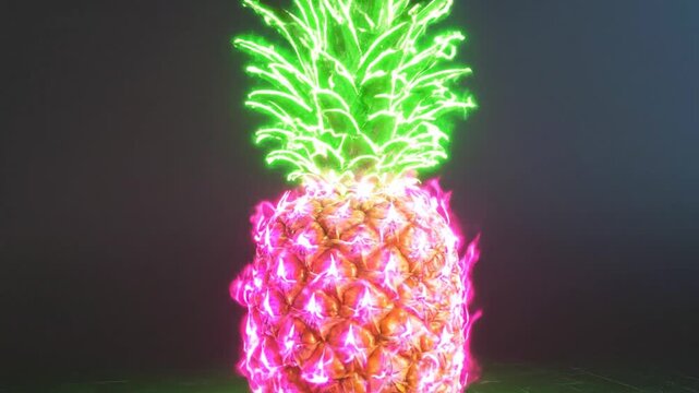 A stylized pineapple with glowing neon edges against a dark background, in a modern aesthetic