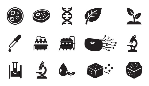 Black vector icons of biotechnology, laboratory, and genetic engineering concepts on white background.