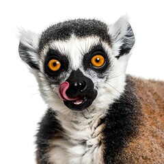 Obraz premium Close-up of a ring-tailed lemur's face, sticking out its tongue, against a stark white background. Eyes are bright orange