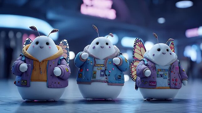 Adorable robotic creatures in futuristic urban setting at night