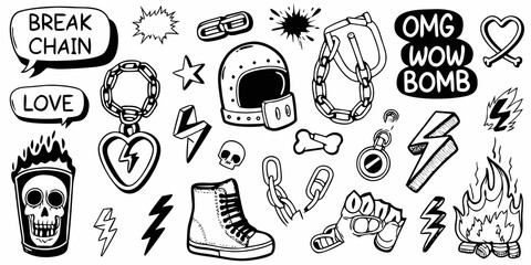 Obraz premium Black and white punk aesthetic doodles chains helmets and rebellious symbols