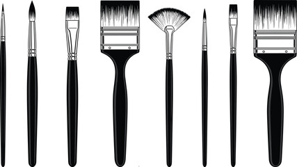 Collection of various paintbrush silhouettes in detailed art tool set, drawing and painting equipment graphic design, cad drawing flat vector illustration