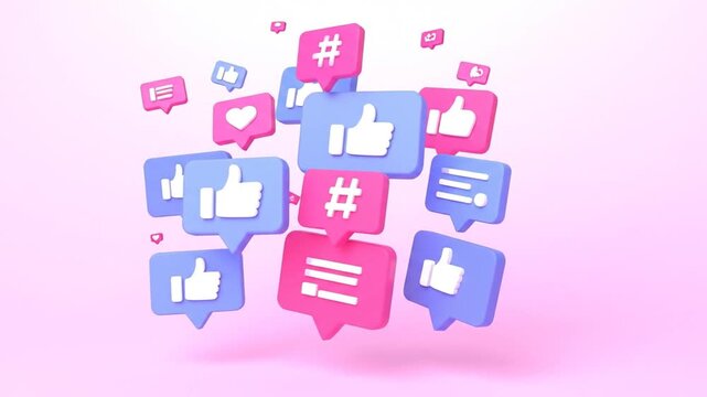 3D-rendered social media icons floating in space over a gradient of pink and light pink