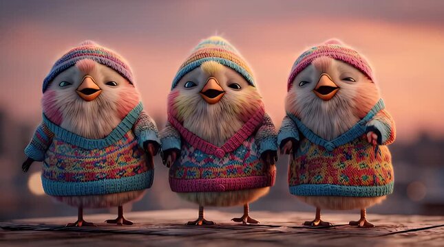 Three cute birds in colorful knitted sweaters at sunset