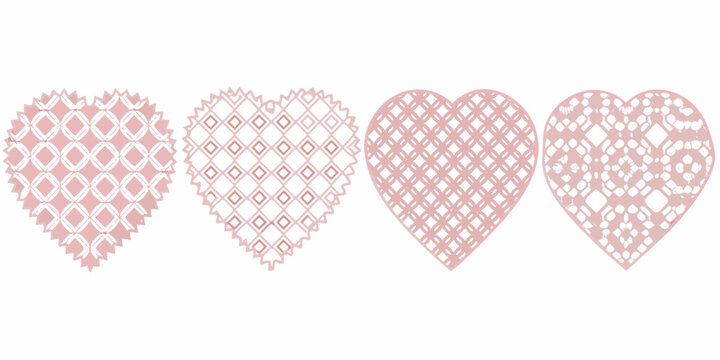 Four decorative pink hearts with intricate patterns arranged in a row