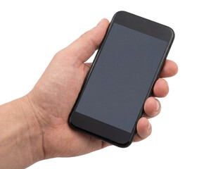 PNG image of&nbsp;Close up of a caucasian hand firmly gripping a modern black smartphone with a dark screen on transparent background