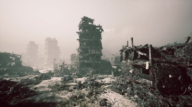 A once bustling city lies in ruins, completely destroyed by military action. Buildings are in disarray, with debris scattered across the landscape, highlighting the aftermath of conflict.