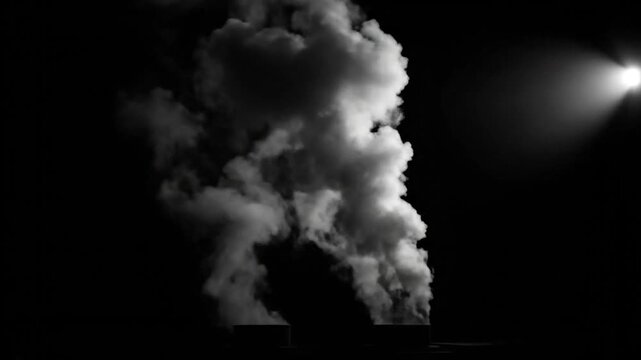 Dramatic plumes of industrial smoke rise against a dark backdrop illuminated by a bright spotlight