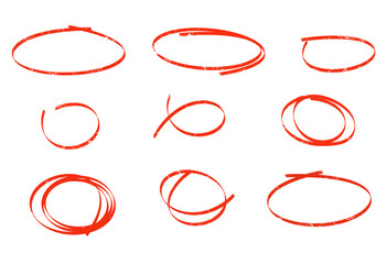 Hand drawn red circles in various styles on white background with bold lines and dynamic shapes for...