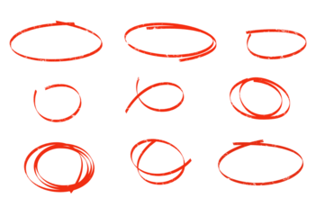 Hand drawn red circles in various styles on white background with bold lines and dynamic shapes for graphic design