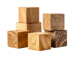 Wooden building blocks, a classic toy for learning and fun. These blocks are arranged to showcase their various surfaces.  Isolated Transparent Background, PNG