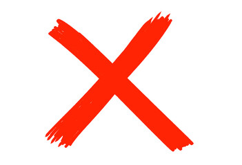 Red Cross Mark in Bold Brush Stroke with Rough Edges on White Background in Vibrant Color for Warning Sign