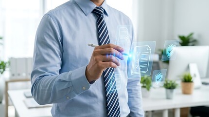Businessman interacting with futuristic digital interface in modern office.