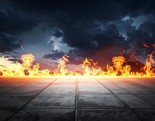 Concrete tiles facing vibrant flames against a dark cloudy sky, a dramatic landscape of fire and storm