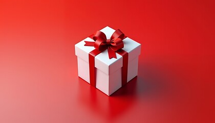 Fototapeta premium White Gift Box with Red Ribbon on Red Background present