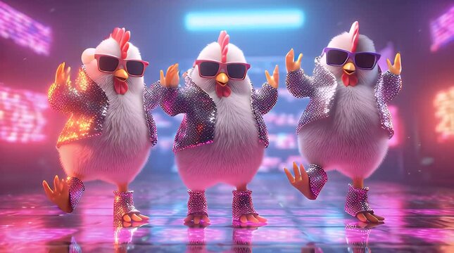 Three funky chickens dancing in neon-lit disco with sunglasses