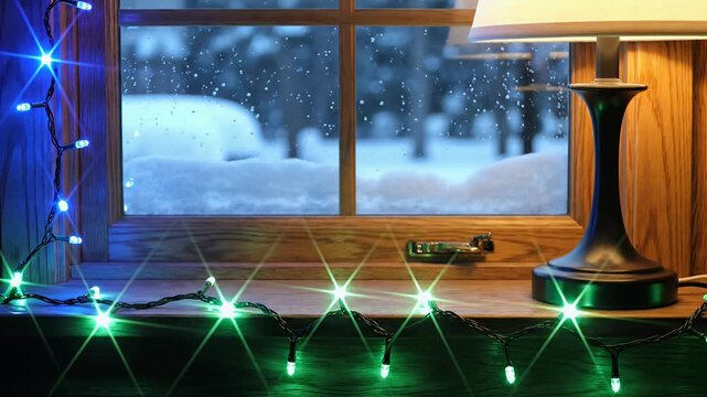 A warm, inviting view of a snowy winter landscape seen through a window. Evokes feelings of comfort, peace, and tranquility &ndash; perfect for seasonal mar