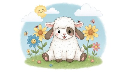 A cute cartoon sheep sitting in a field of flowers with a sun and clouds in the background.