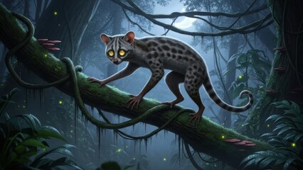 Obraz premium A spotted lemur climbing a tree branch in a dense jungle with glowing green lights and a full moon in the background.