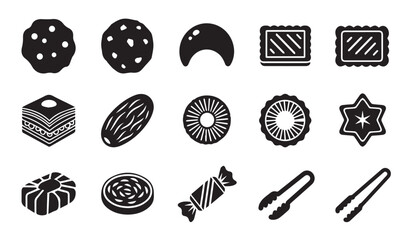 Collection of various sweet treats and confectionery icons in black and white