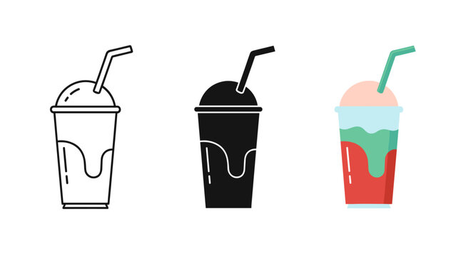 Three illustrations of cold drinks with straws on white background