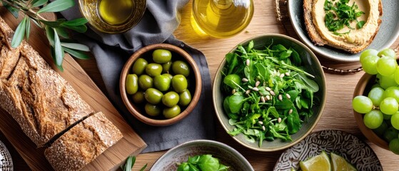 Breakfast spread features hummus, salad with olive oil, olives, cream cheese, and breads in a high-quality, detailed setting