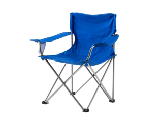 A close-up shot of a portable blue folding chair. This chair is perfect for outdoor events Isolated Transparent Background, PNG